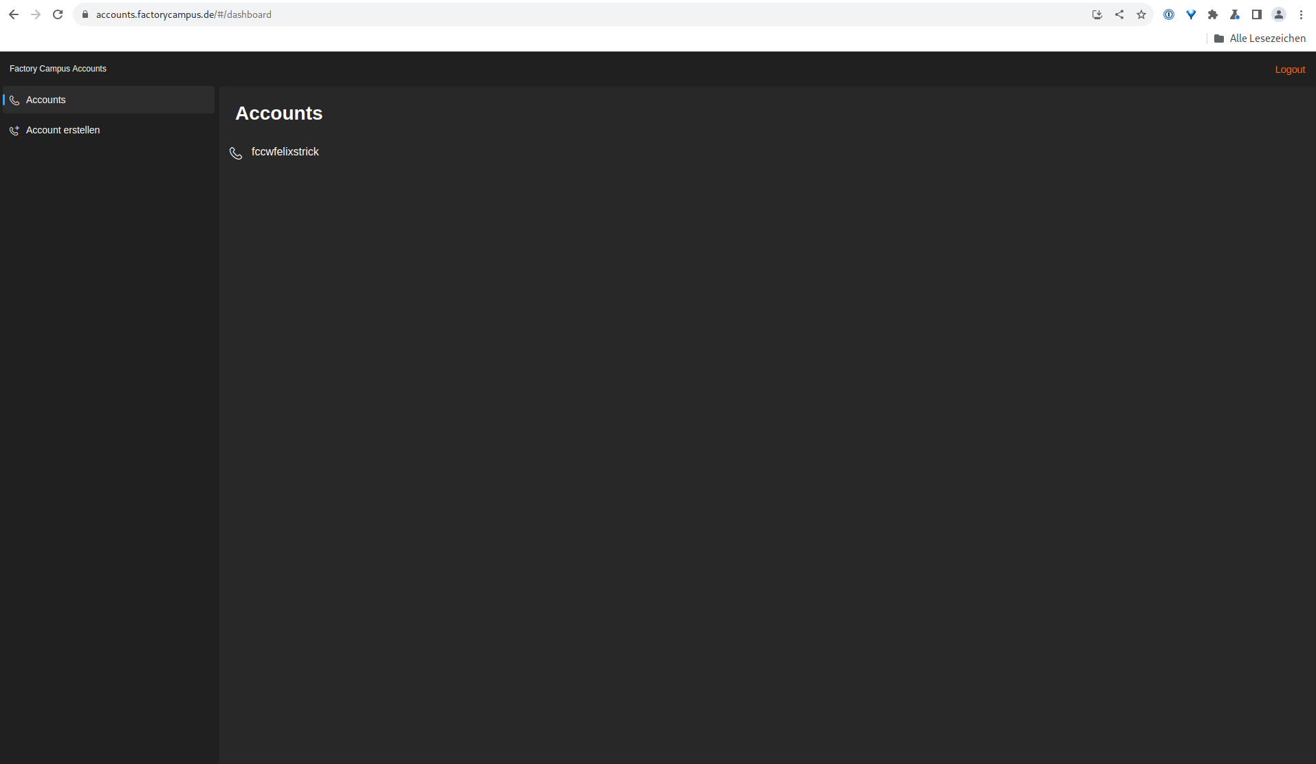 Screenshot der Liste von Accounts mit einem Account