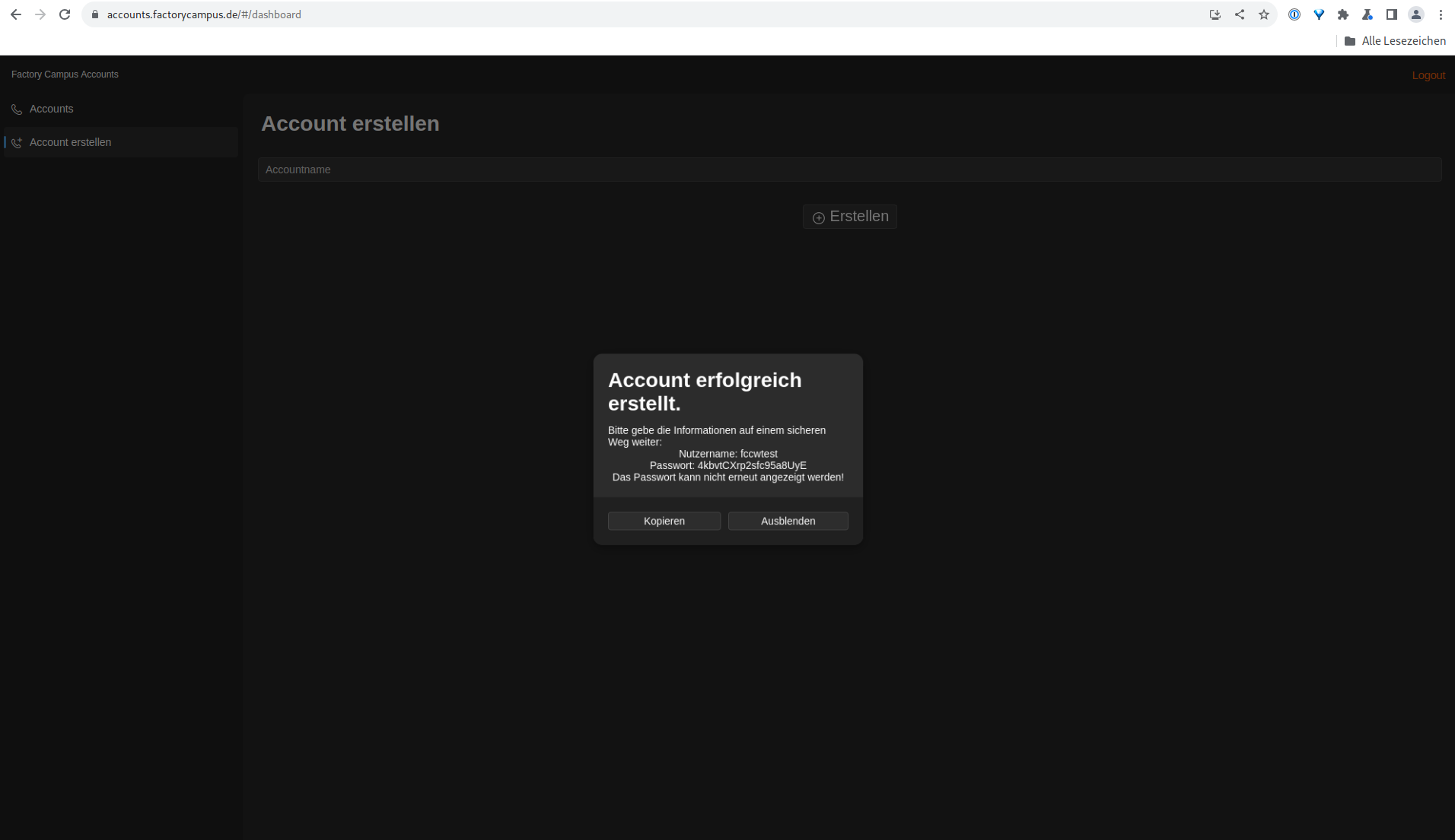 Screenshot eines Popups mit Zugangsdaten und einem “Kopieren” Knopf