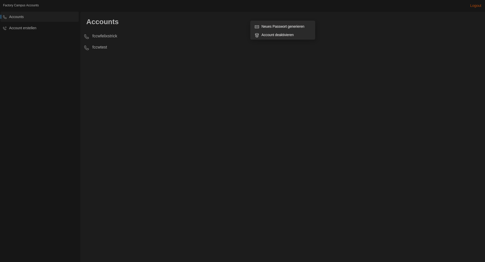 Screenshot einer Auswahl mit “Neues Passwort generieren” und “Account deaktivieren”