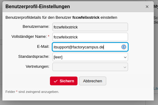 Fenster Benutzerprofileinstellungen mit ausgefüllter E-Mail-Adresse
