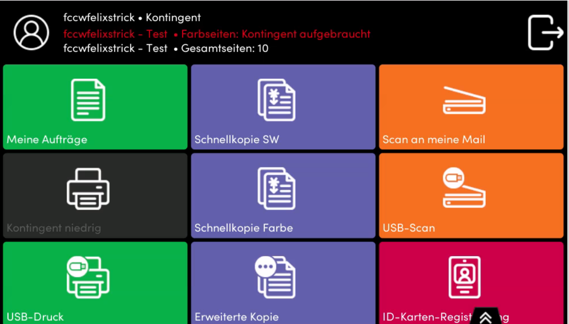 Drucker Startbildschirm mit Option “ID-Karten-Registrierung”