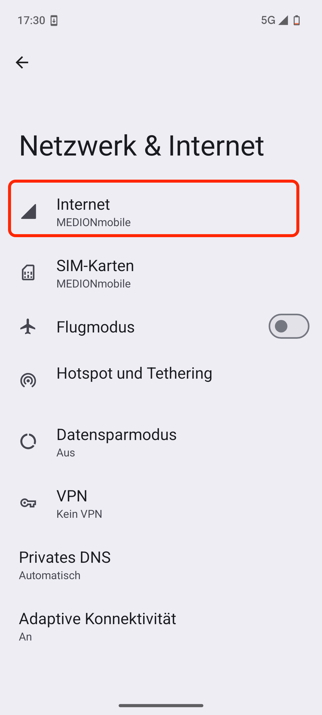 Die Android Systemeinstellungen → Netzwerk & Internet