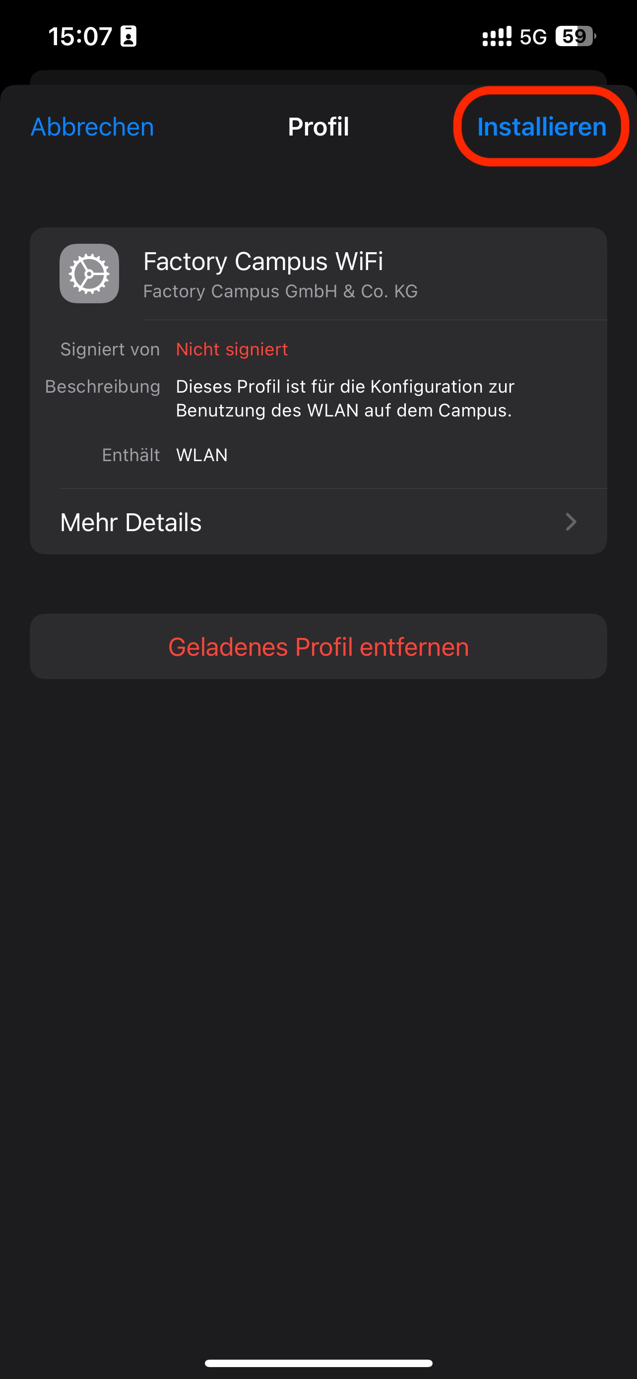 &ldquo;Einstellungen&rdquo; App mit dem Profil Bildschirm