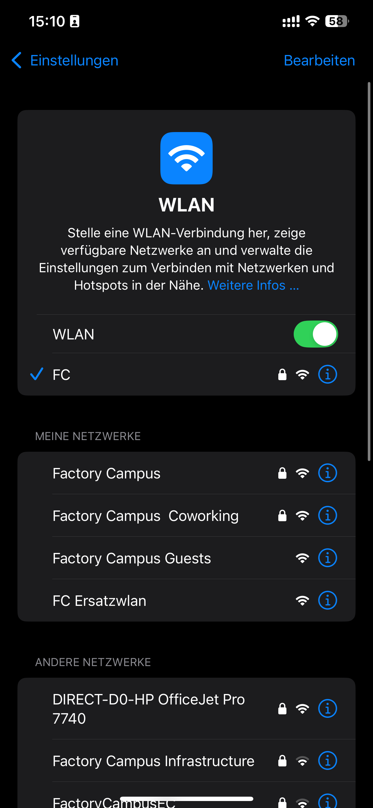 &ldquo;Einstellungen&rdquo; App, WLAN Sektion