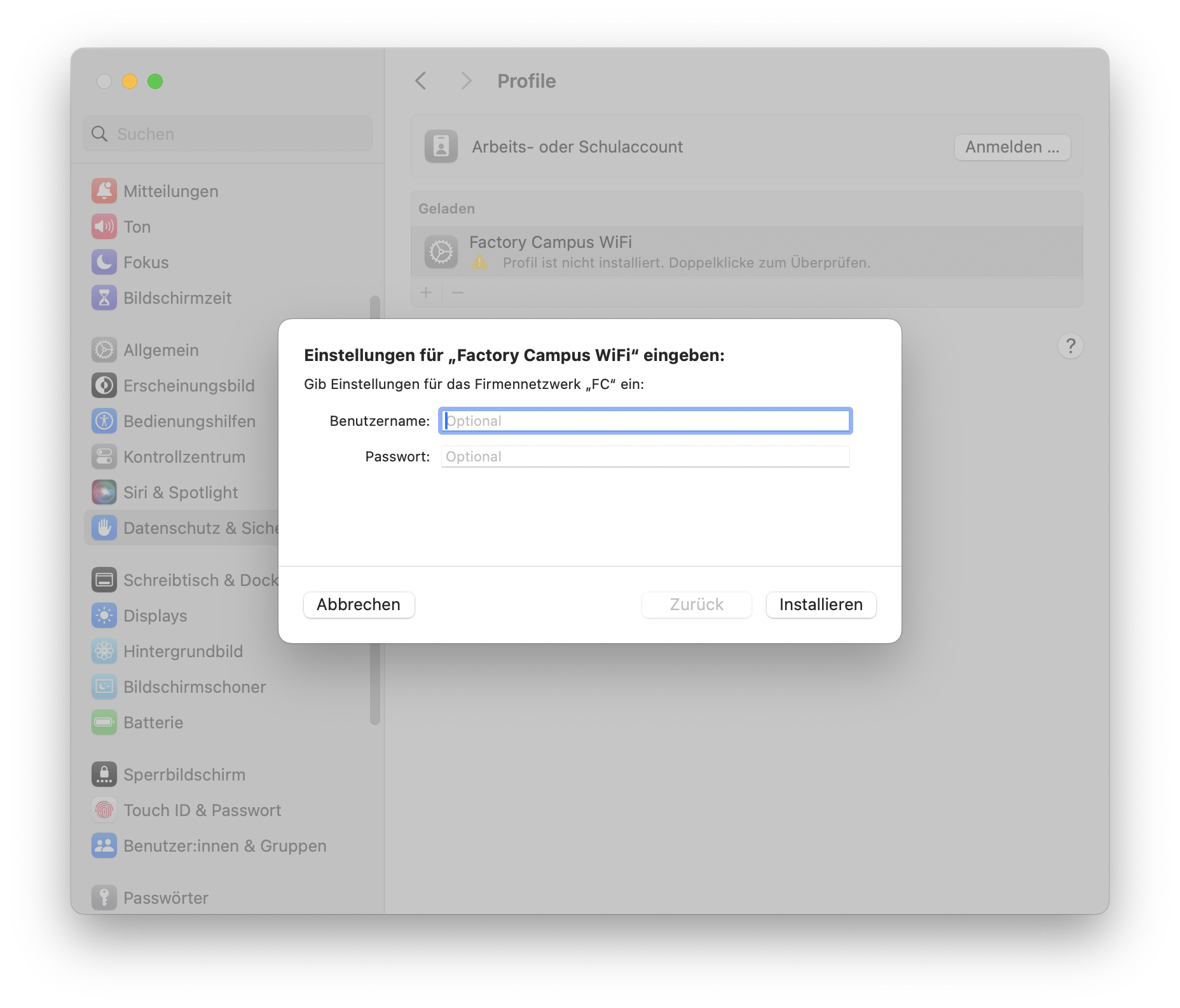 Screenshot von dem Login