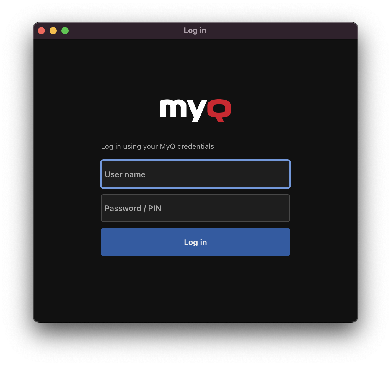 Screenshot des MyQ Desktop Client Login Fenster
